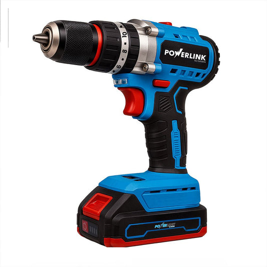 POWERLINK Akumulatorowa wiertarko-wkrętarka udarowa z silnikiem bezszczotkowym Powerlink, 20 V, 50 Nm, 13 mm, 2x akumulator 1,5 Ah i walizka