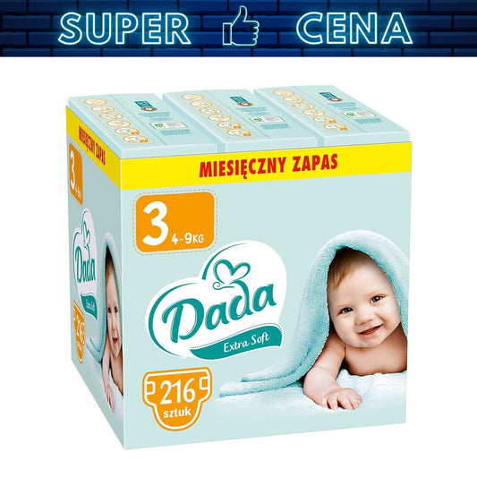 DADA Pieluszki Extra Soft 3 Midi, 4-9 kg, 216 szt., z dodatkiem ekstraktu z aloesu